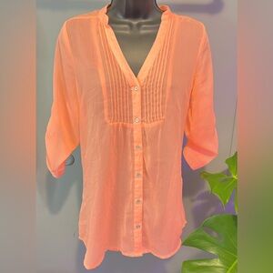 Adorable coral-colored sheer blouse, “All Dolled Up” by Fang, size medium